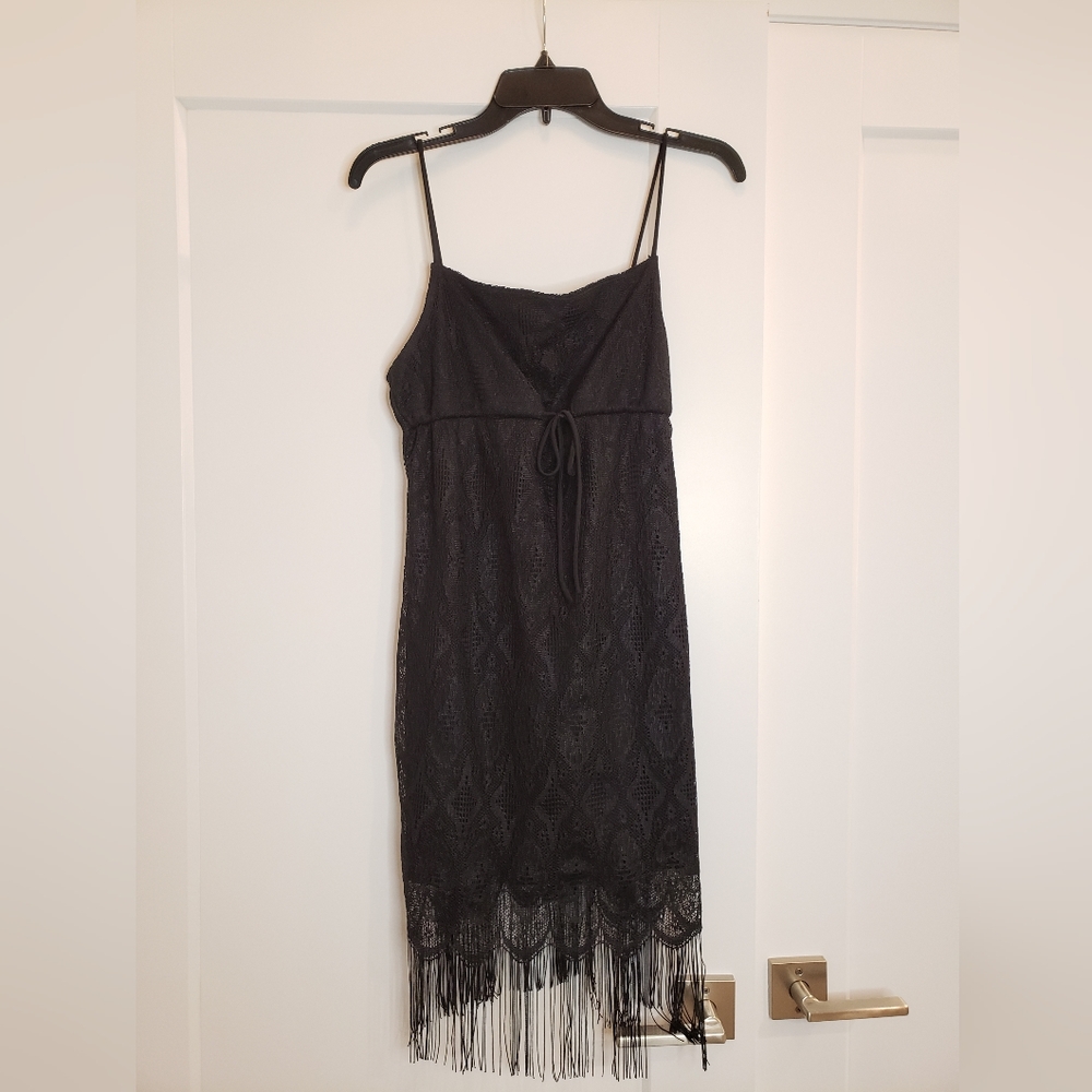 Black lace fringe elastic/strethy mini dress